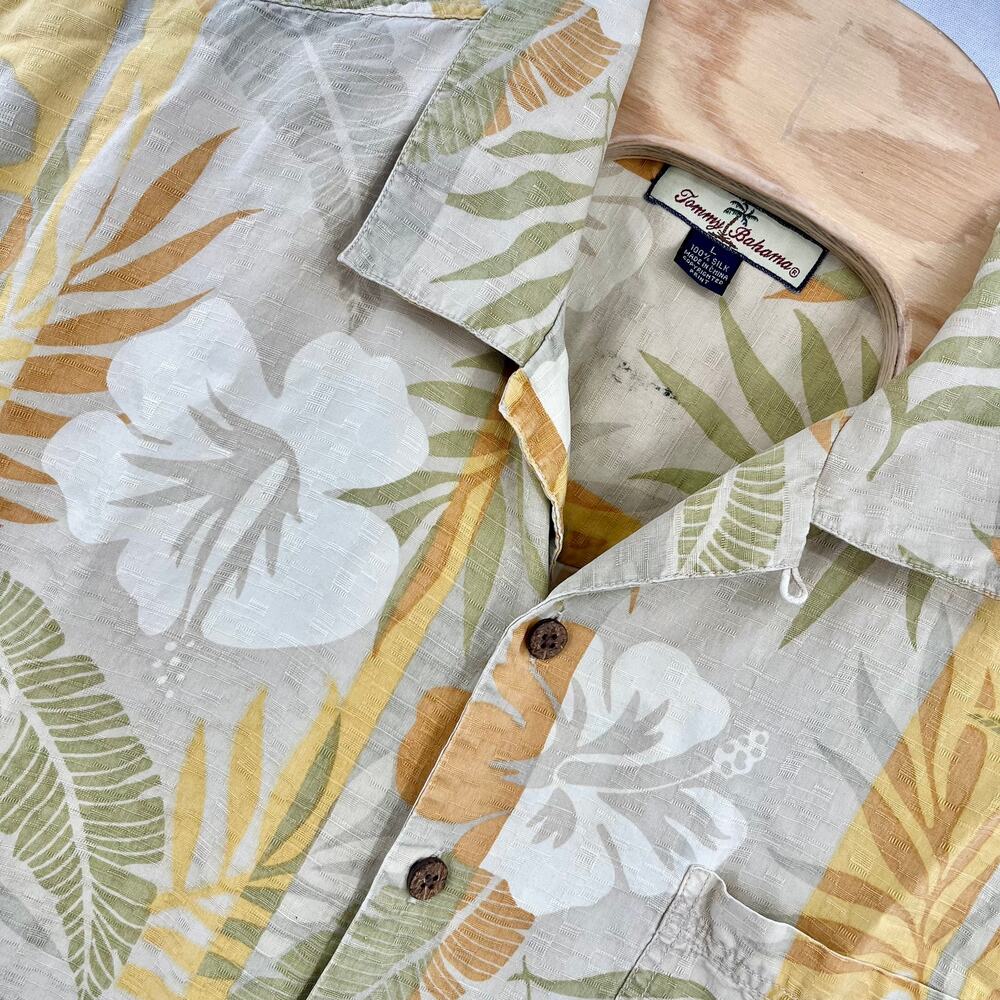 Tommy Bahama 100% Silk Shirt L Hawaiian Yellow Multicolor Floral Tropical READ